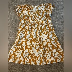 Ava & Viv Midi Dress 2X Mustard Floral Boho Ruched Tie Waist Cottagecore